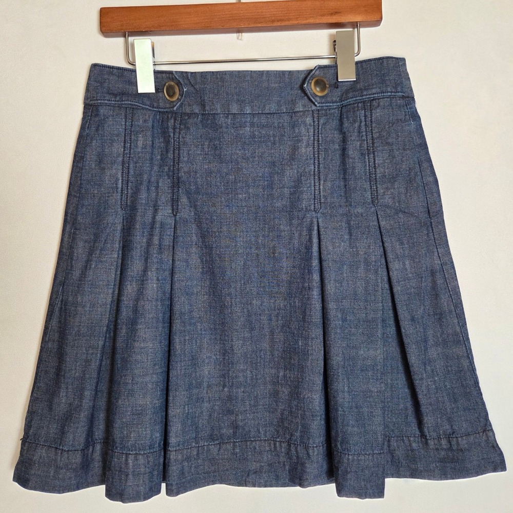 J.Crew Skirt Women 4 Blue Chambray Denim Pleated Side Zip Collegiate Preppy